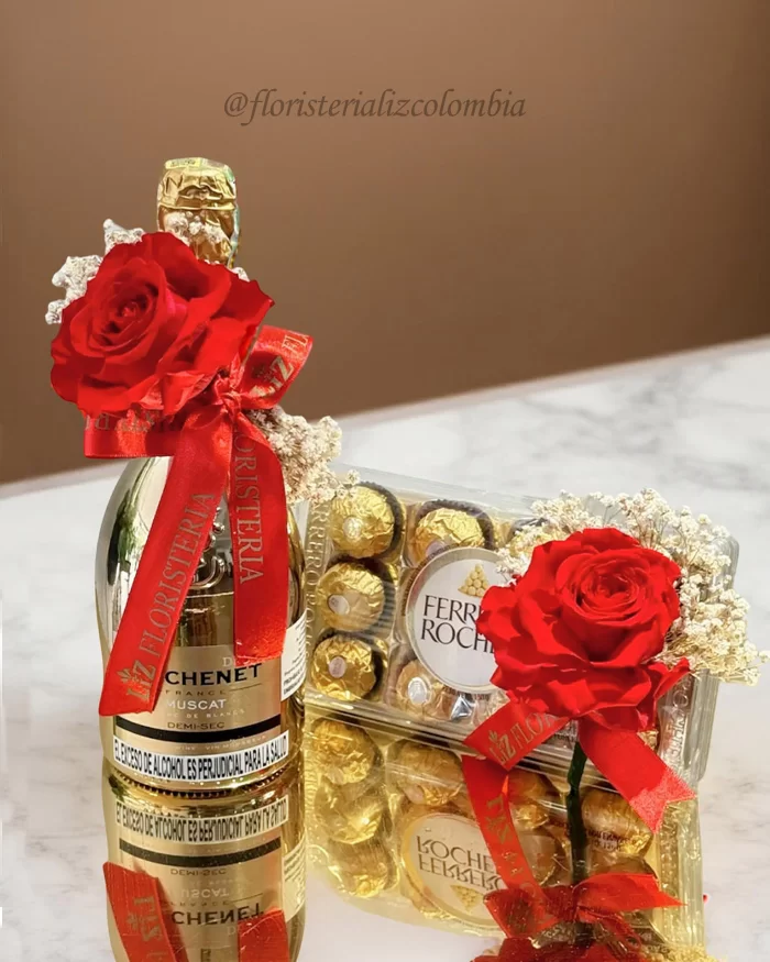Regalo de Rosas Eternas con Champagne y Chocolates Ferrero – Momento Perfecto