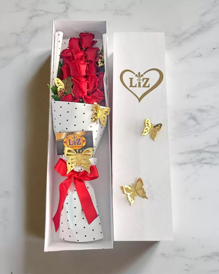 Caja Alargada en Rosas con mariposas- Red Butterfly
